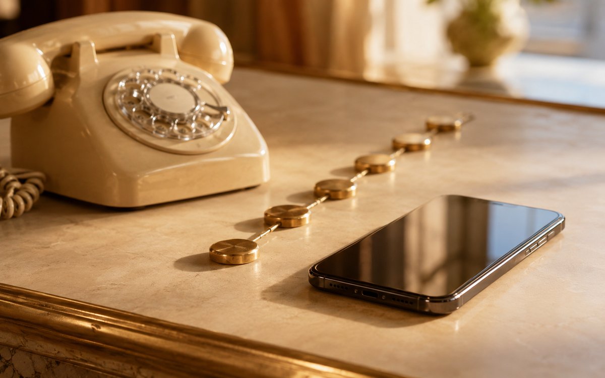 A vintage cream rotary phone beside a modern smartphone connected by small brass discs on a warm surface