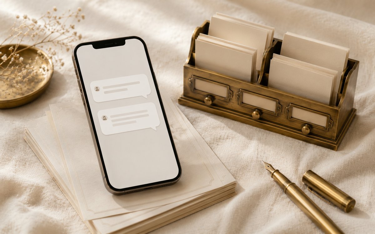 An open leather day planner with brass pencil, vintage cream rotary phone, and correspondence cards