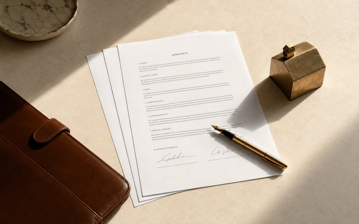 Signed contract pages with a gold fountain pen and a small brass house paperweight on cream