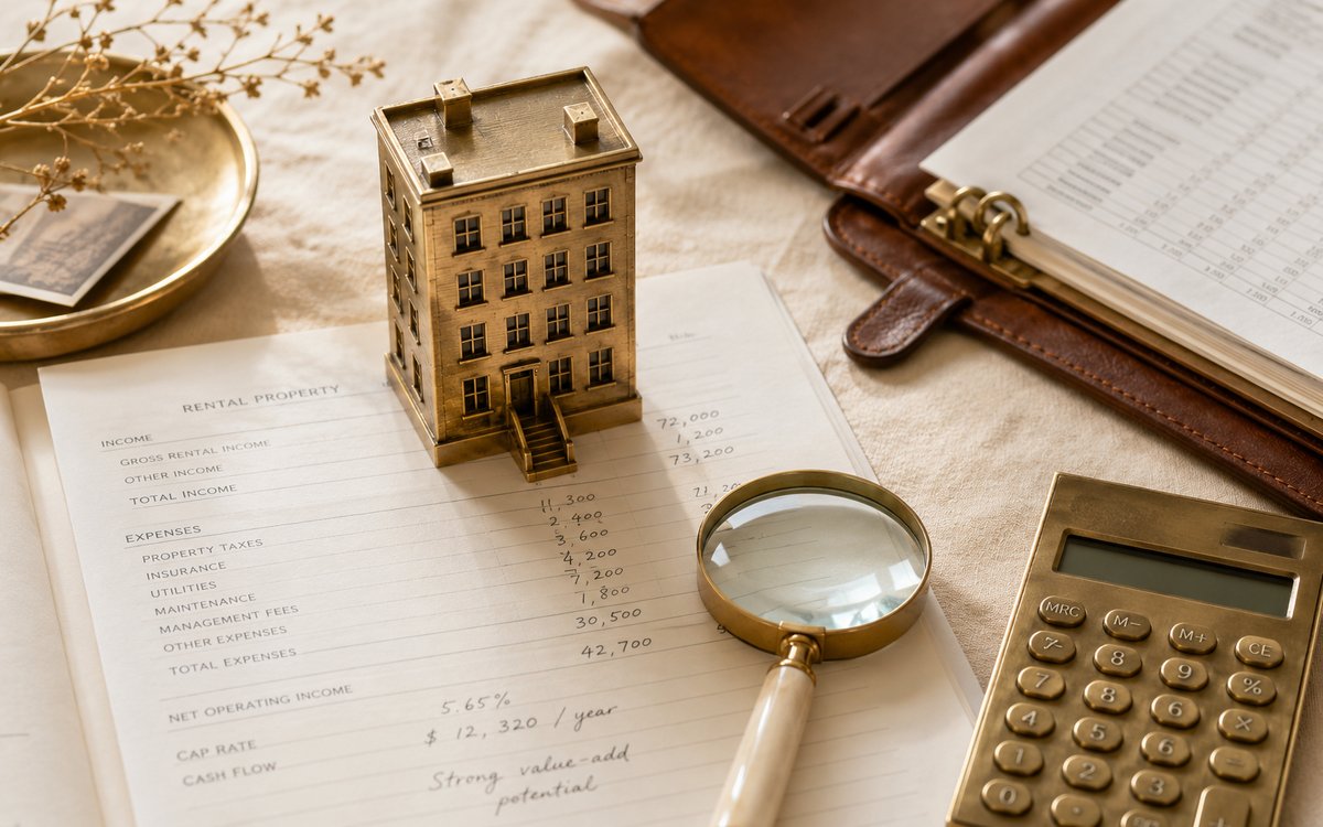 A brass multi-story building model on a printed rental property ledger beside a brass calculator, magnifying glass, and leather portfolio on warm ivory linen