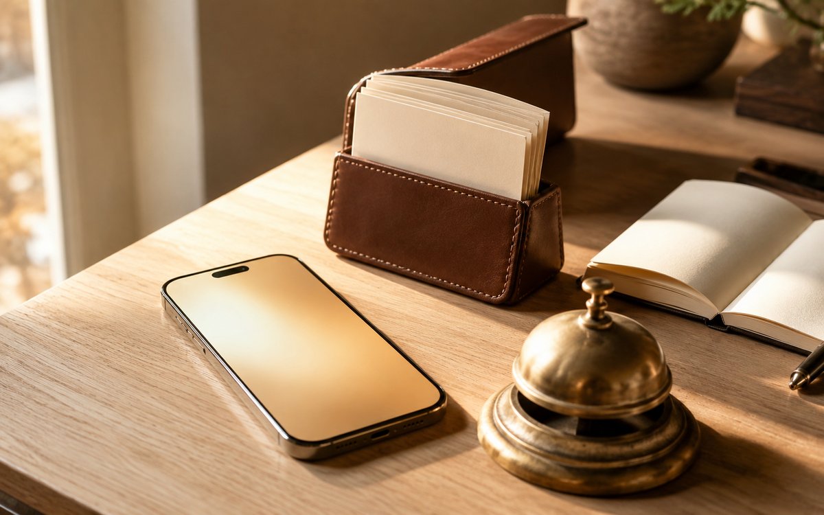 A glowing smartphone on a wooden desk with a leather business card holder and brass desk bell