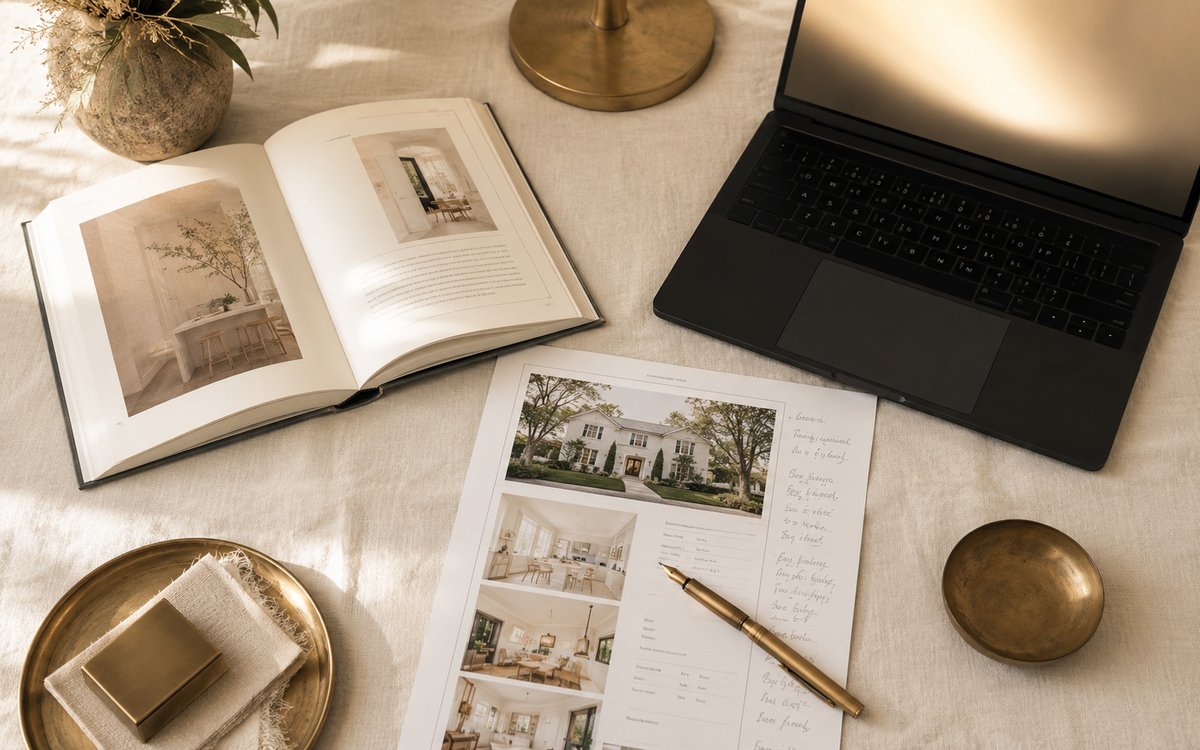 A laptop, an open style book, a printed MLS listing sheet with handwritten notes, and a brass fountain pen on warm ivory linen