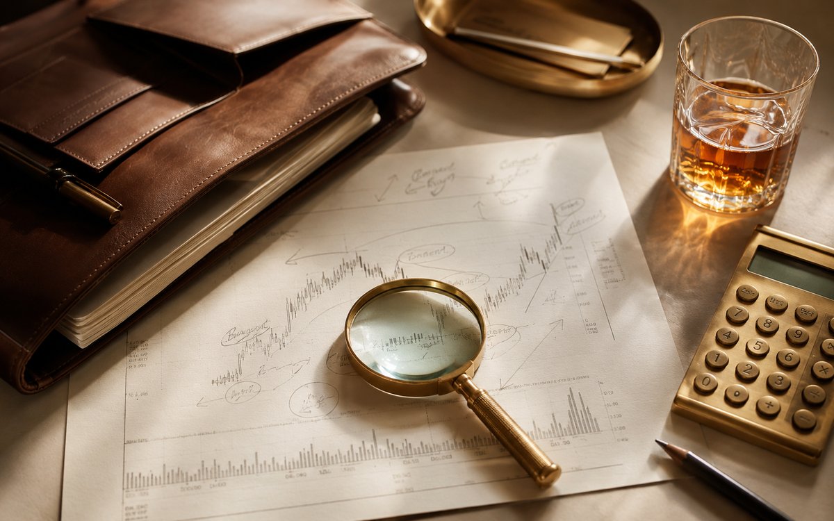 A printed financial chart with brass magnifying glass, leather portfolio, whiskey glass, and brass calculator