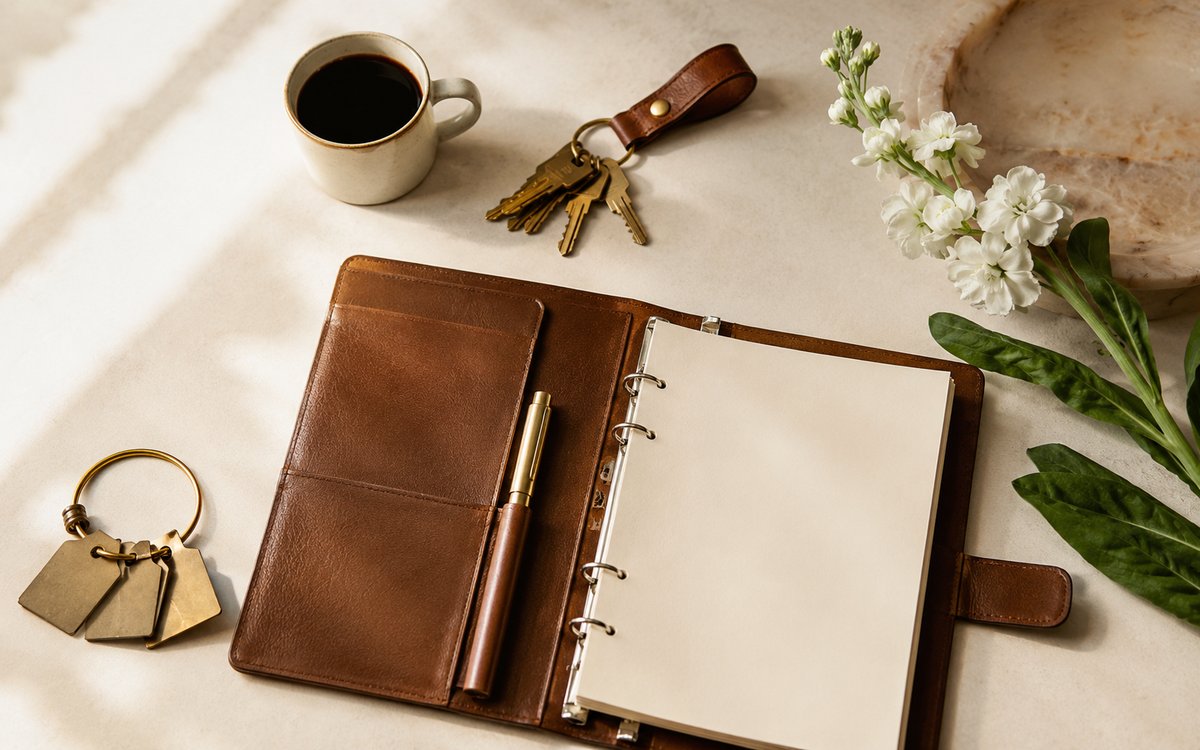 A leather lease binder open beside brass house keys, fresh white flowers, and a mug of coffee