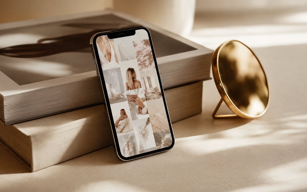 A smartphone propped on hardcover magazines showing a curated visual feed beside a brass mirror