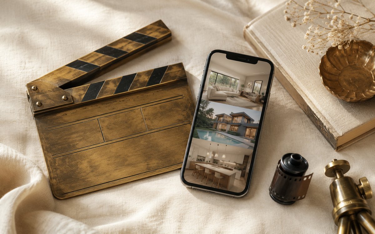 A vintage brass film clapperboard beside a modern smartphone displaying a property listing reel, with a film spool and hardcover book on warm ivory linen