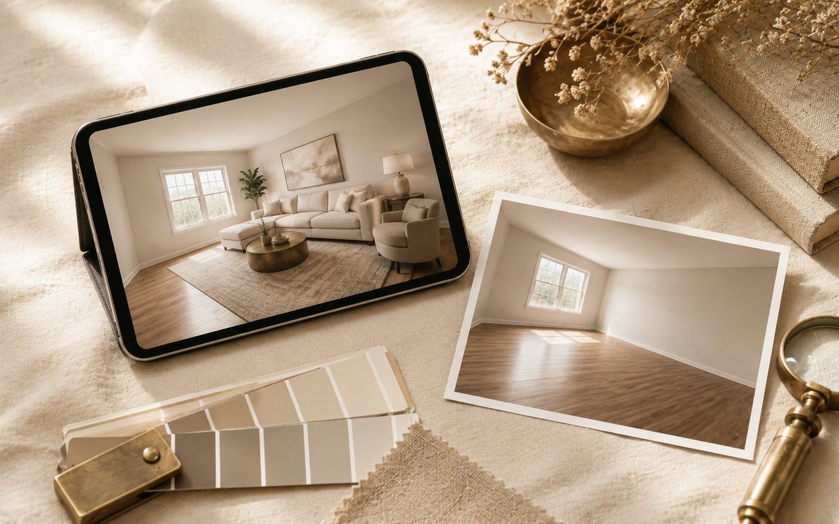 A beautifully staged luxury living room with cream sofas, brass floor lamp, and fresh white flowers