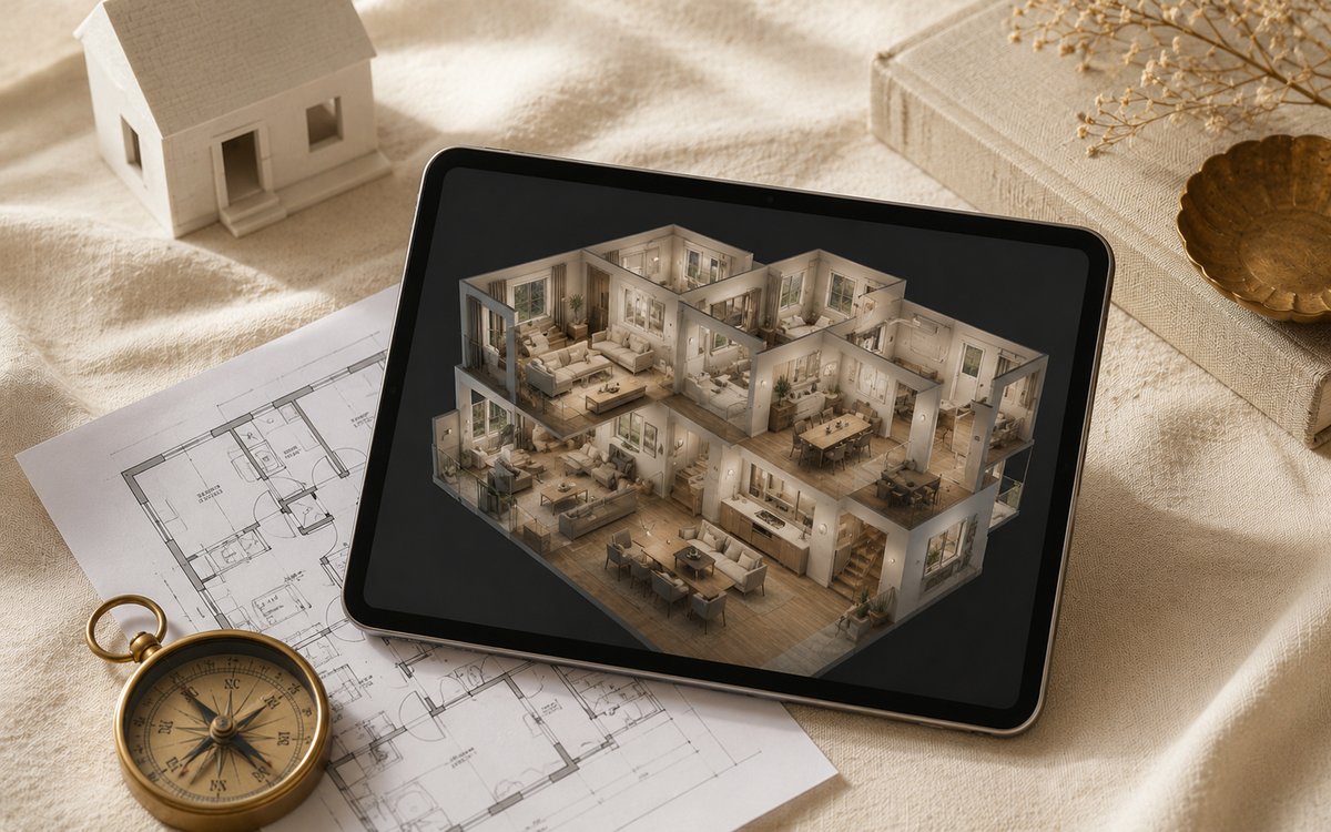 An architectural floor plan with brass compass, wooden ruler, and a small white house model