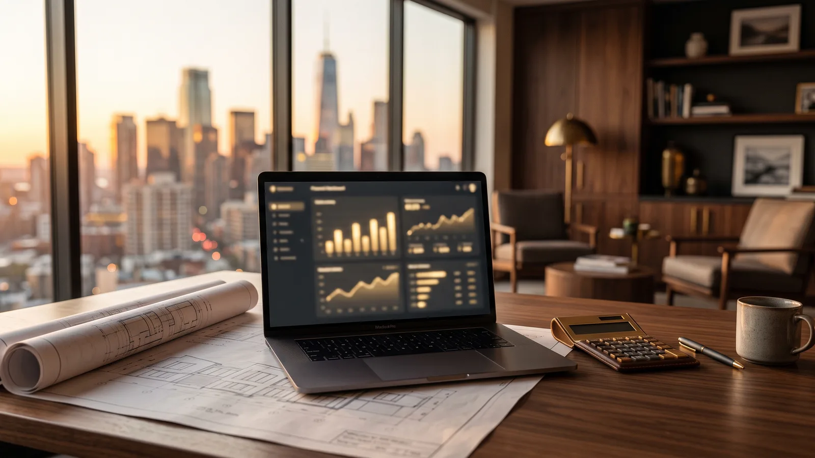 AI and data tools for real estate investors - illustrative workspace with ROI dashboard and blueprints