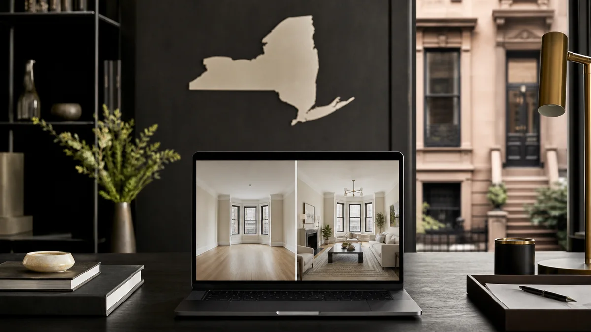 New York listing media workspace showing original and virtually staged property imagery
