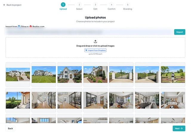 AutoReel upload step showing the five-step wizard and one-click import from Zillow or Realtor.com