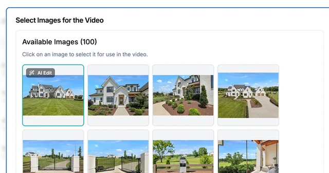 AutoReel image selection screen with 100 available listing photos and an AI Edit badge on one