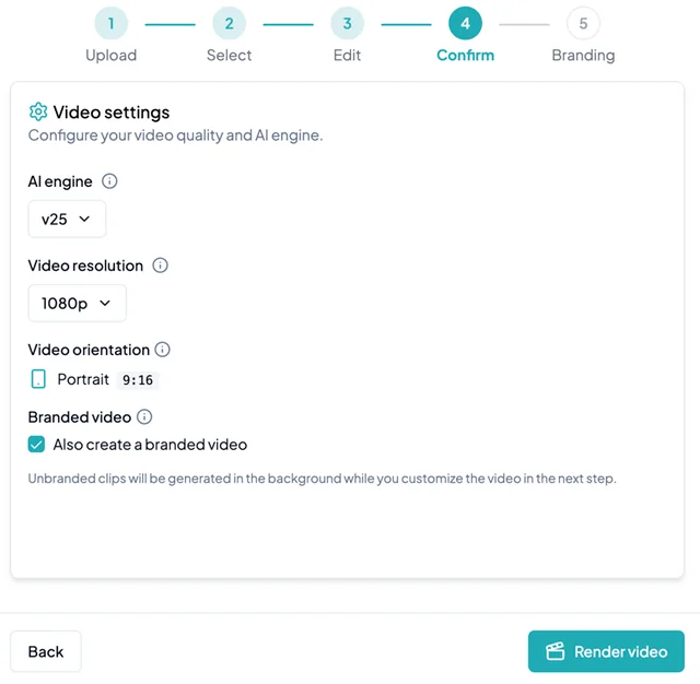 AutoReel video settings showing AI engine version, 1080p resolution and 9:16 portrait orientation