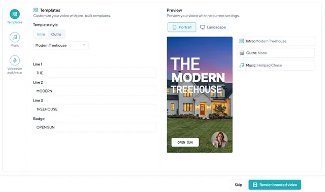 AutoReel branding step showing template text fields beside a portrait preview of the finished listing video