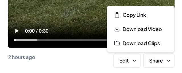 AutoReel finished video player with the share menu open showing Copy Link, Download Video and Download Clips
