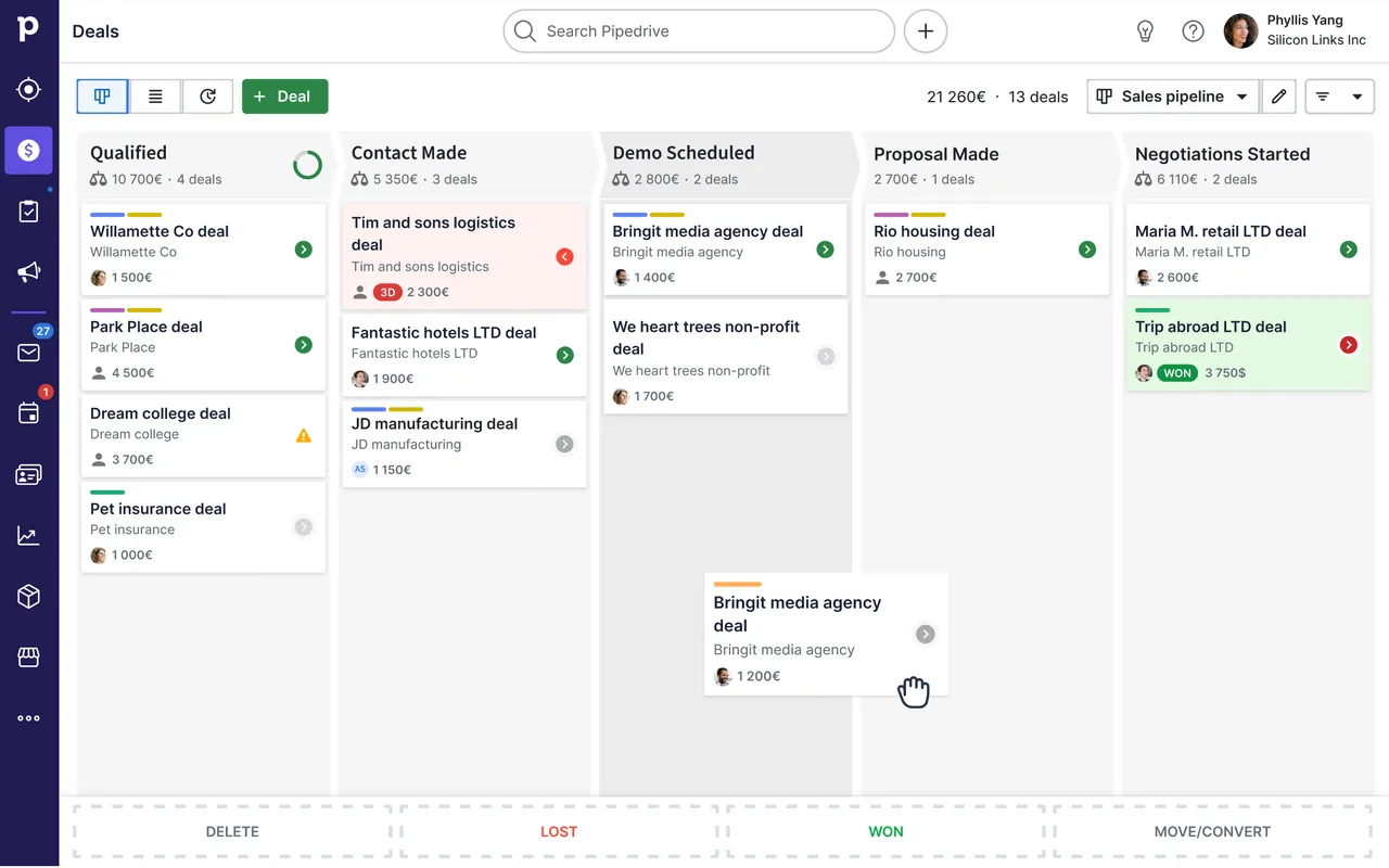 Pipedrive pipeline board from the AIandRealtors review gallery