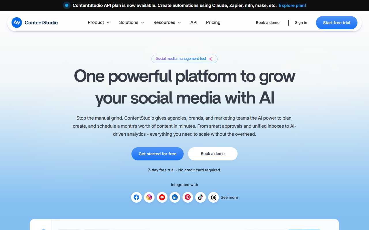 ContentStudio homepage: AI-powered social media management and content marketing platform with multi-platform scheduling and AI captions for real estate agents