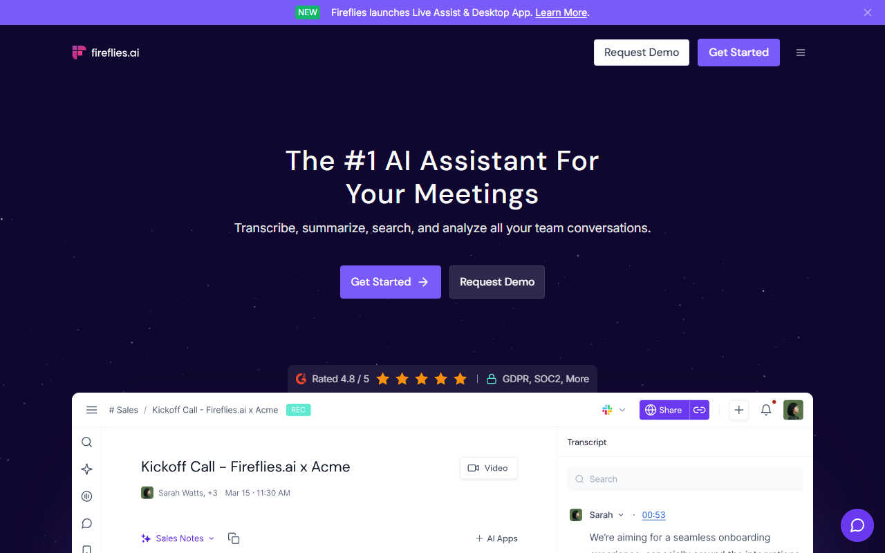 Fireflies.ai homepage: AI meeting recorder and transcription tool for real estate client calls and team meetings, with free tier