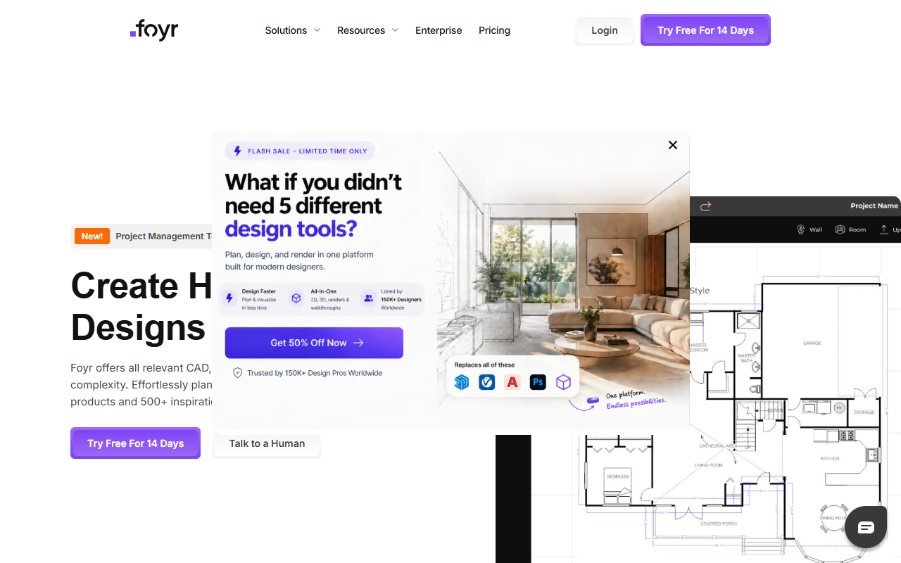 Foyr Neo homepage: cloud-based 3D interior design platform with 60,000+ furniture models, photorealistic rendering, and virtual staging for real estate agents
