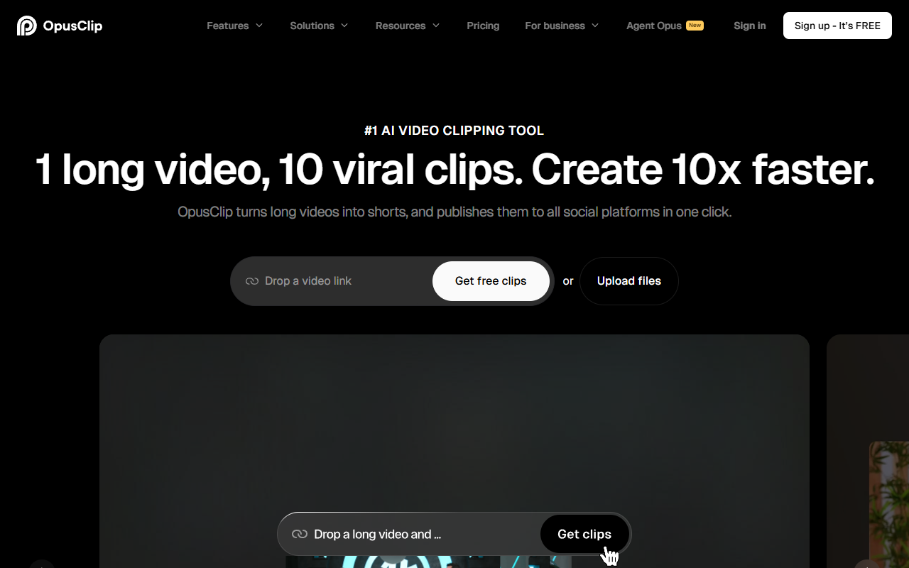 OpusClip homepage: AI video repurposing tool that clips long-form video into TikTok/Reels/Shorts with auto-captions and virality scoring