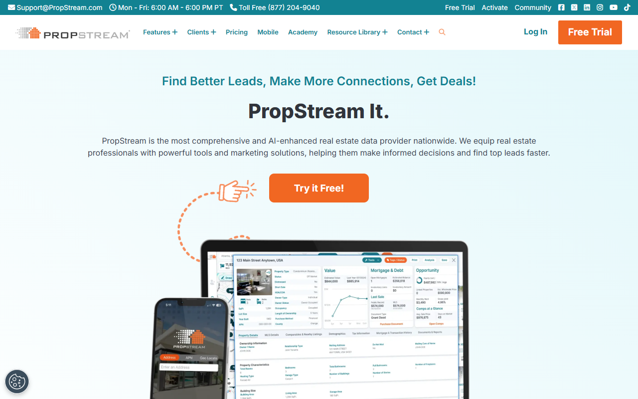 PropStream homepage: investor and wholesaler property data with 160 million+ property records, skip tracing, and direct mail campaign tools