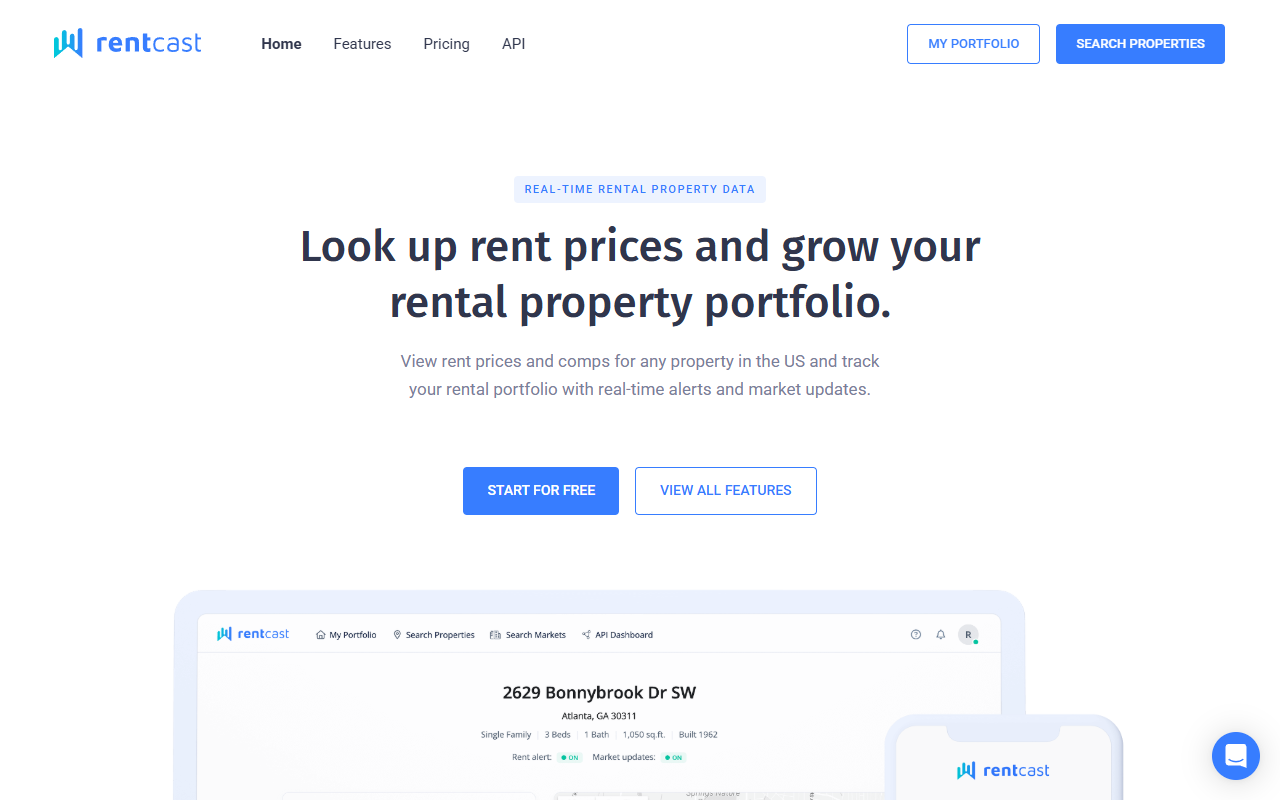 RentCast homepage: nationwide rent estimates, rental comps, and rental market data from $19 per month (or $12 per month billed annually)