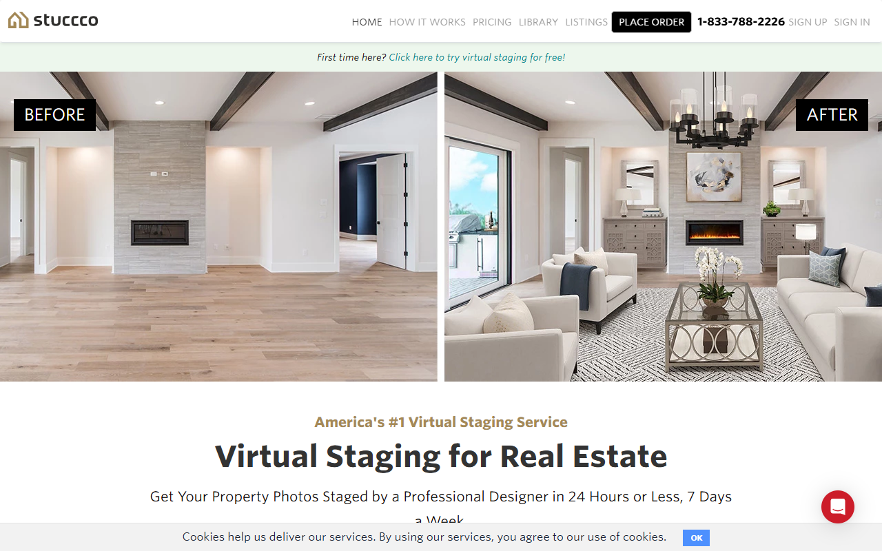 Stuccco homepage: human-reviewed AI virtual staging from $29 per image with 24-hour turnaround and unlimited revisions for 30 days