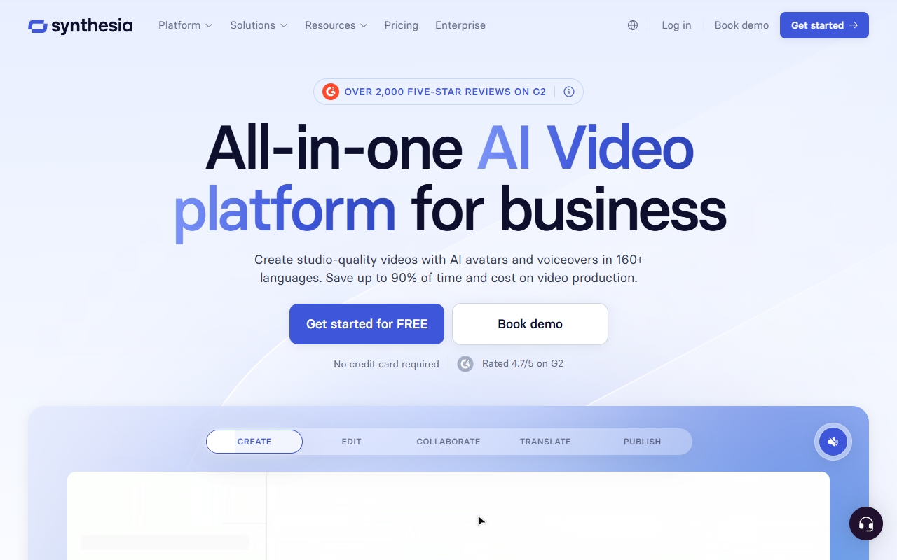 Synthesia homepage: AI avatar video platform with custom avatar cloning and enterprise-grade output for real estate market updates and listing videos