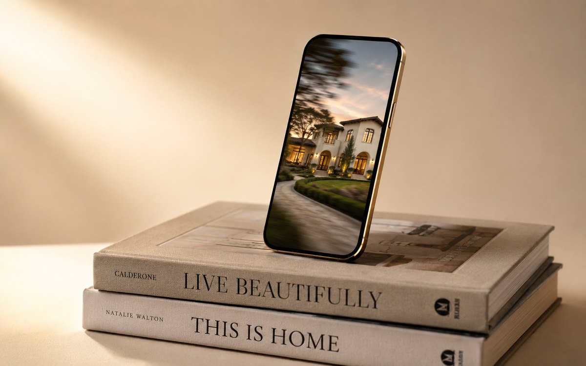 Phone showing a luxury home video propped on design books