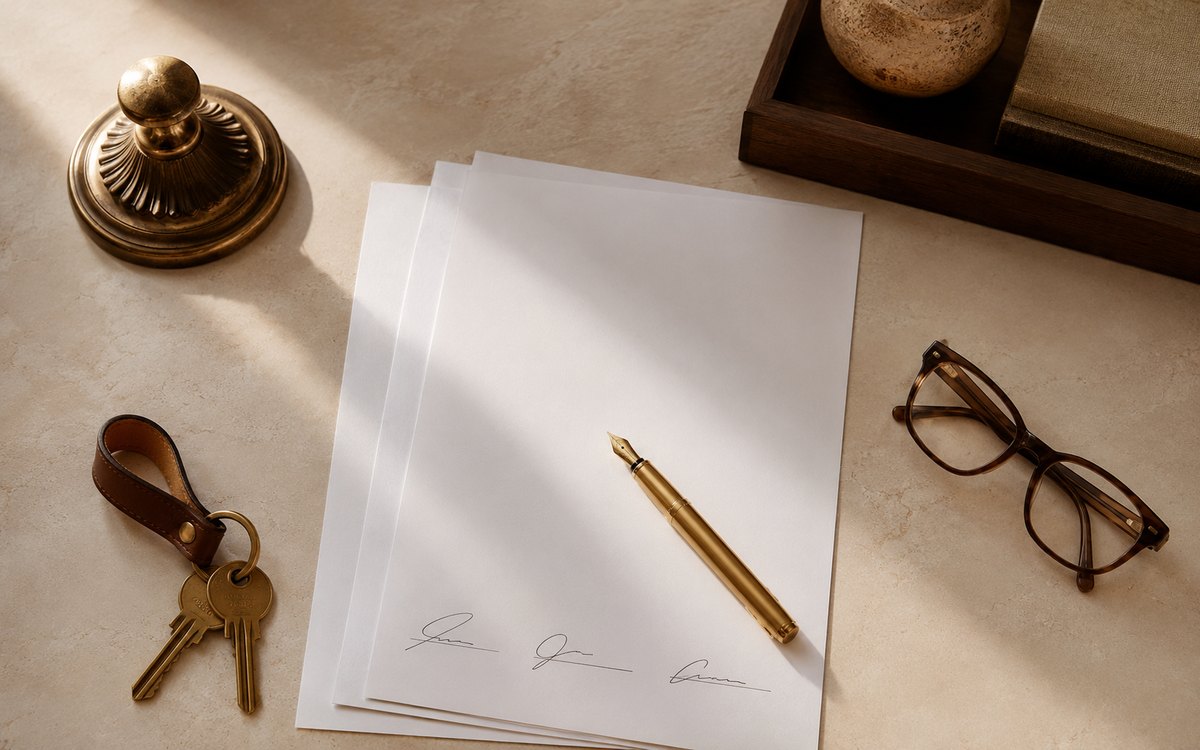 Signed contracts with gold pen, keys, and glasses on cream desk